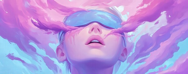 Fototapeta premium A tranquil portrait of a woman in a dreamlike state, surrounded by vibrant colors and whimsical clouds, conveying serenity and wonder.