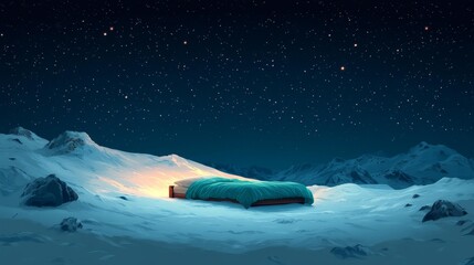 Dreamlike Bed in a Snowy Mountain Landscape Under a Starry Sky Generative AI