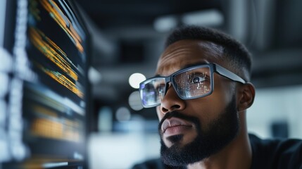 Futuristic tech professional analyzing code for innovative solutions