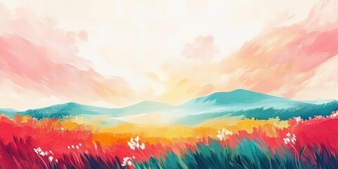Fototapeta premium A vibrant landscape painting showcasing a colorful field with mountains in the distance under a bright sky.