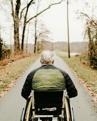Obraz premium Active Disabled Adult in Wheelchair on Path Amidst Autumn Nature - Healthy Lifestyle