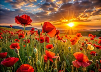 Fototapeta premium Vibrant red poppy flowers sway gently in a breathtaking landscape at sunset, basking in the warm golden light of the dipping sun on the horizon.