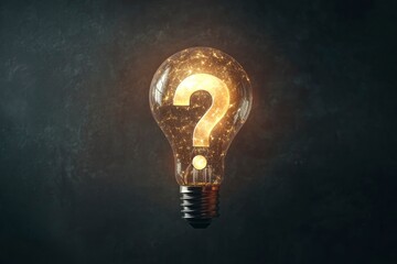 Magical Light Bulb with Glowing Question mark around it in dark Grey background. Concept of invention,with generative ai