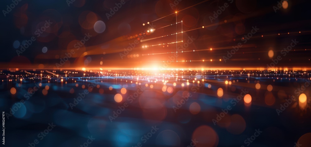 Poster Abstract light rays radiate from a vibrant horizon, creating a colorful bokeh effect in a dark cosmic landscape.