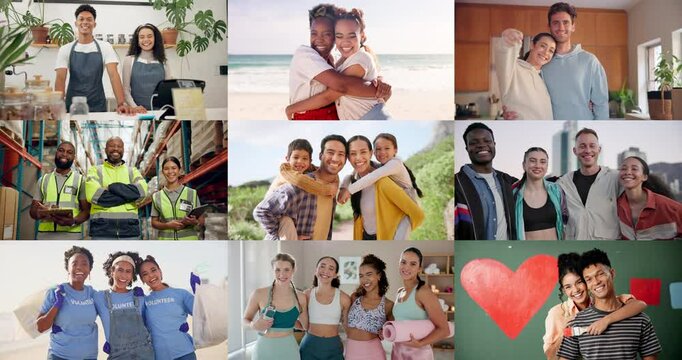 Collage, people and happy for connection in hobby, small business and support in community. Portrait, family and team with smile for global service, freedom or diversity in environment responsibility