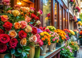 Vibrant roses spill from a charming flower shop window, their lush petals and delicate stems artfully displayed to entice passersby with their natural allure.