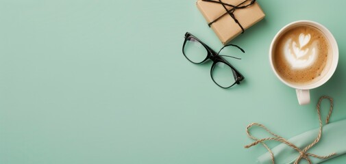 A stylish workspace featuring a latte, glasses, and a gift box on a mint green background, perfect for cozy moments.