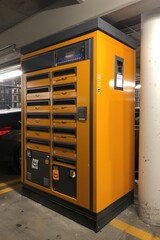A row of yellow distribution cabinets indoors