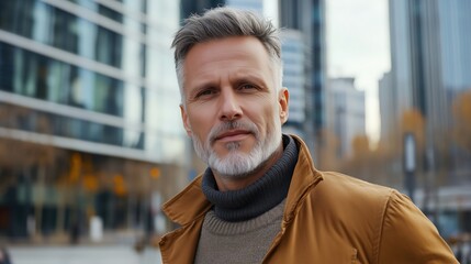 Fototapeta premium Modern urban autumn vibe: middle-aged man in stylish outerwear for city life concept