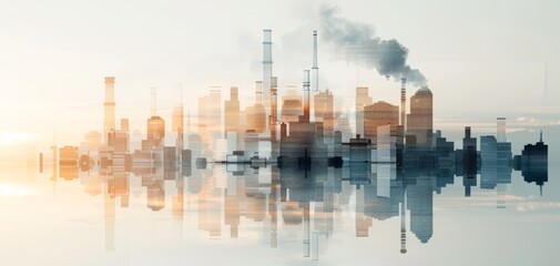 Fototapeta premium A serene skyline view with industrial silhouettes and soft reflections, showcasing the contrast between nature and city life.