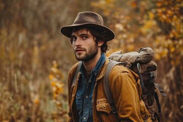 man with hat in nature brown clothes, adventures orgues with generative ai