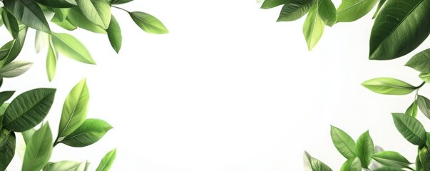 Obraz premium Fresh green leaves form a serene border around a bright white space, perfect for natural themes and eco-friendly designs.