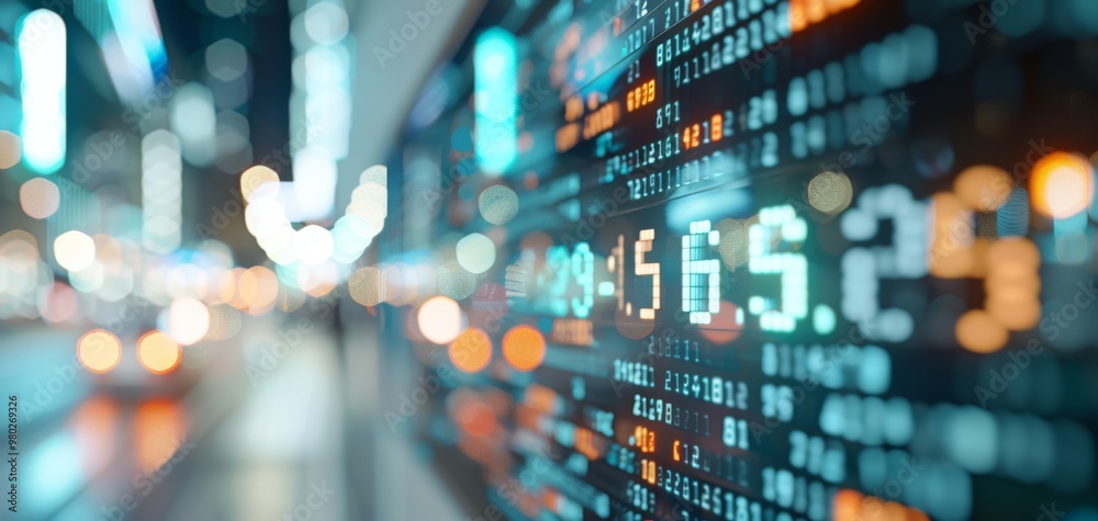 Aufkleber close-up view of a digital display showing fluctuating data, ideal for finance, technology, or busin