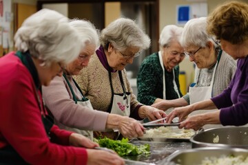 A group of elderly individuals in a community center, engaging in a hands-on cooking class, learning new recipes and techniques