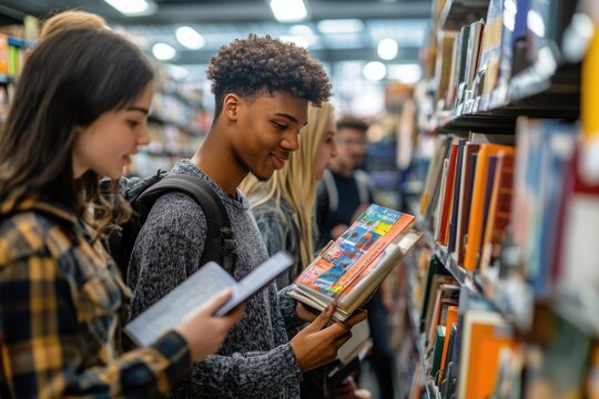 A diverse group of students in a bookstore, picking out textbooks and supplies for the upcoming school year, sharing tips and advice