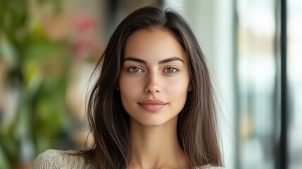 Obraz premium Serene beauty portrait of a young woman reflecting tranquility and elegance for print or poster