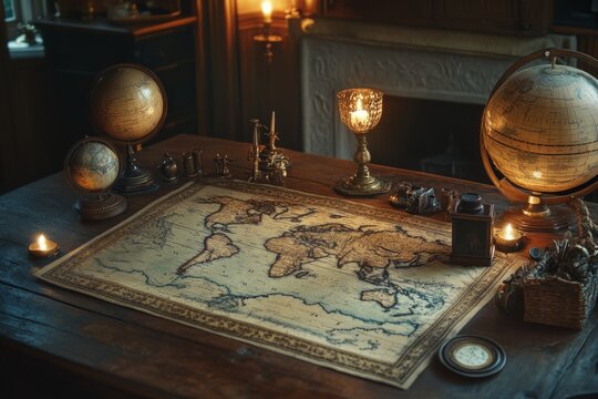 An intricate vintage world map laid out on a wooden table surrounded by globes, compasses, and candles. A perfect blend of adventure and history. Generative AI