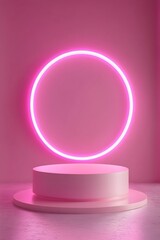 Empty double podium with round neon sign illuminating in pink background for modern design
