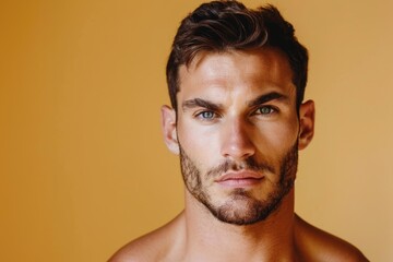 Obraz premium Close-up of a fit man with a muscular build, confidently presenting against a solid color backdrop, highlighting both his intelligence and physical strength