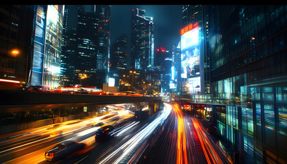 Fototapeta premium A bustling city at night, with skyscrapers illuminated and traffic creating streaks of light