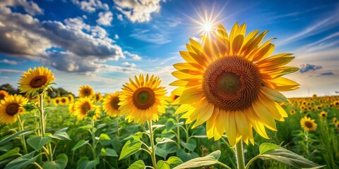 Fototapeta premium Vibrant yellow sunflowers sway gently in the breeze, filling the bright blue sky with warm sunlight, as a delicate flower petal lies abandoned on the green grass.