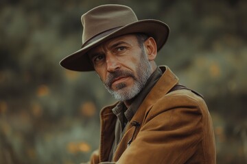 Obraz premium man with hat in nature brown clothes, adventures orgues with generative ai
