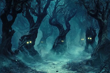 Obraz premium A spooky flyer idea showcasing a haunted forest with twisted trees, glowing eyes in the darkness, and an eerie mist on the ground