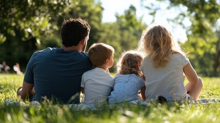 Spring family picnic in park - joyful outdoor time with children for card or poster