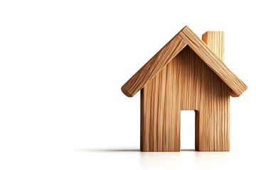Minimalistic wooden house model on a white background, representing home building, architecture, and real estate concepts.