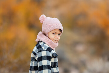 Autumn portrait of little toddler girl in a pink knitted hat and scarf at nature environment
