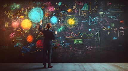 A 2D illustration of a teacher writing on a chalkboard with colorful diagrams and symbols, hyper-realistic, high quality, sharp images