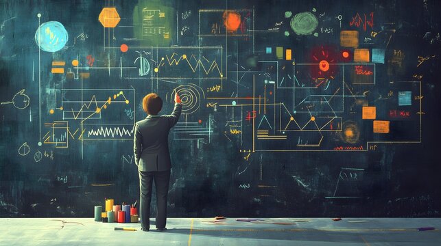 A 2D illustration of a teacher writing on a chalkboard with colorful diagrams and symbols, hyper-realistic, high quality, sharp images
