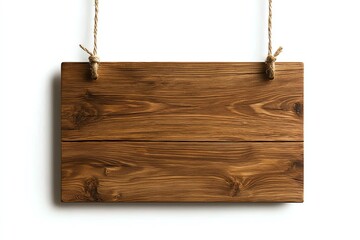 Close up of a blank wooden sign hanging on a rope against white background, perfect for custom text or logo.