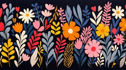 A vibrant floral illustration featuring colorful flowers and leafy designs against a dark background, perfect for decoration.