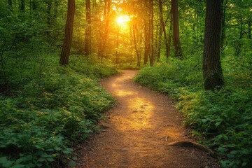 Obraz premium Sunlit Path Through Lush Forest.