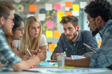 Team members brainstorming in office, collaborative work environment