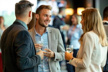 Professional men and women networking at corporate event