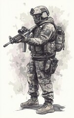 A detailed illustration of a soldier in tactical gear holding a rifle, showcasing military readiness and discipline.