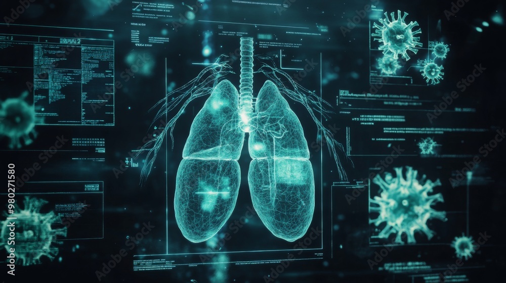 Poster a digital rendering of human lungs, shown in a 3d wireframe model with a glowing green hue