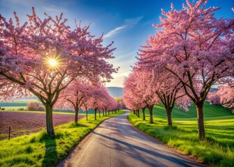 Naklejka premium Serene rural landscape featuring a winding country road flanked by vibrant blooming cherry trees, soft pink petals unfolding against a bright blue sky.