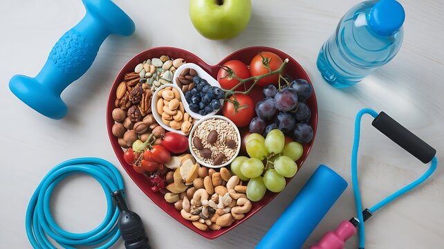 Healthy lifestyle concept featuring a heart-shaped plate filled with nutritious foods and fitness gear on a wooden background. Perfect for promoting wellness, balanced diet, and exercise routines.