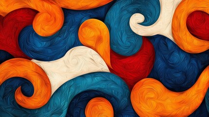 Vibrant abstract swirls in orange, blue, and cream, creating a dynamic and energetic pattern for creative designs.