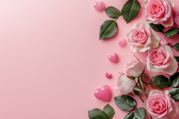 Pink roses and hearts on pink background.