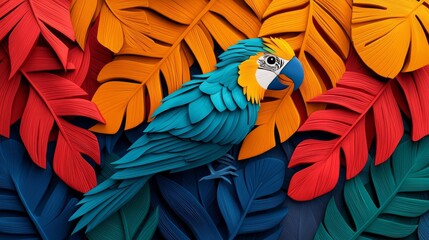 Fototapeta premium Vibrant paper cutout parrot among colorful leaves, showcasing a creative and artistic design perfect for nature lovers.