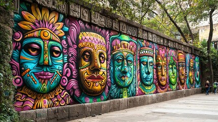 Fototapeta premium Vibrant street art mural featuring colorful masks and faces in a lush outdoor setting, showcasing creativity and cultural expression.