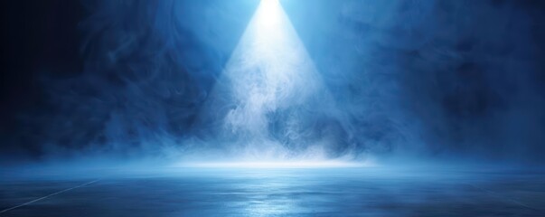 Fototapeta premium A mesmerizing scene featuring blue light beam cutting through fog, creating an ethereal atmosphere perfect for dramatic visuals.