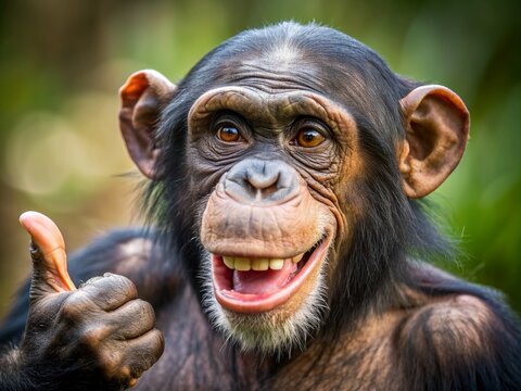 Adorable chimpanzee bursts into laughter, eyes sparkling with joy, while confidently giving an OK gesture with its hand, expressing perfect agreement and amusement.