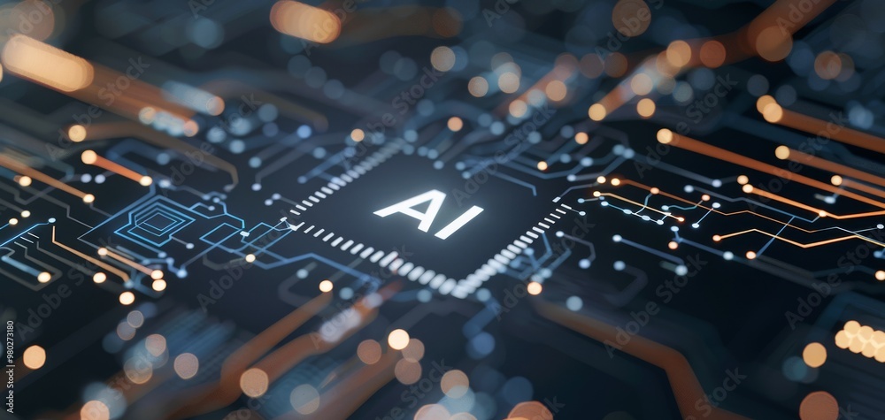Aufkleber close-up of a circuit board featuring an ai chip, showcasing intricate designs and glowing connectio
