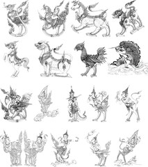 This image features a collection of intricate black-and-white mythical creature illustrations, inspired by traditional art. The designs showcase various fantastical beings, perfect for cultural, artis