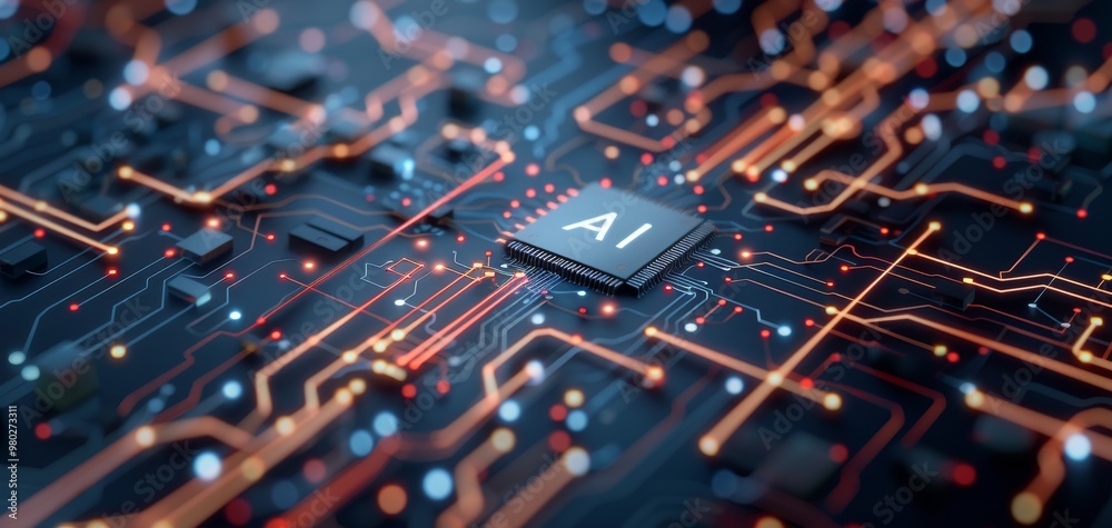 Aufkleber A close-up of a circuit board featuring intricate lines and an AI chip, representing technology and innovation in the digital age.